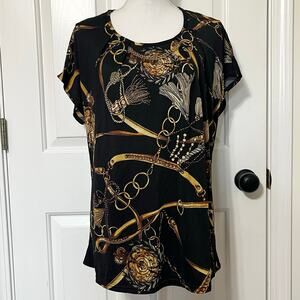 Anna Morgan Black Gold Baroque Chain Rope Print Blouse Luxe Euro Chic Top 2X